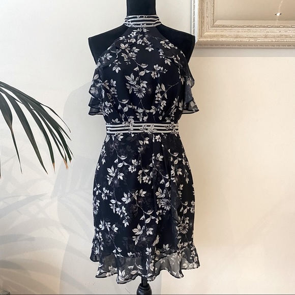 Sheike Dresses & Skirts - SHEIKE Halter Neck Floral Black Dress Ruffle Detail Elegant Cocktail Striped 8